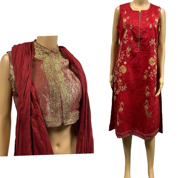 3 Piece Set Red Gold Karta Tunic Thigh Slit Matching Vest and Scarf 32 34 US 2 4 - Picture 1 of 16